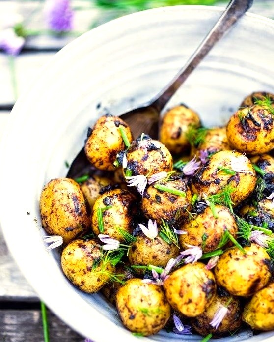 Grilled Potato Salad with Black Garlic Vinaigrette (use vegan sour cream)