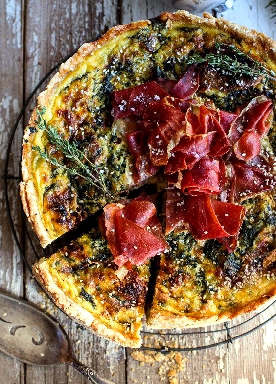 Deep Dish Spinach and Prosciutto Quiche with Toasted Sesame Crust