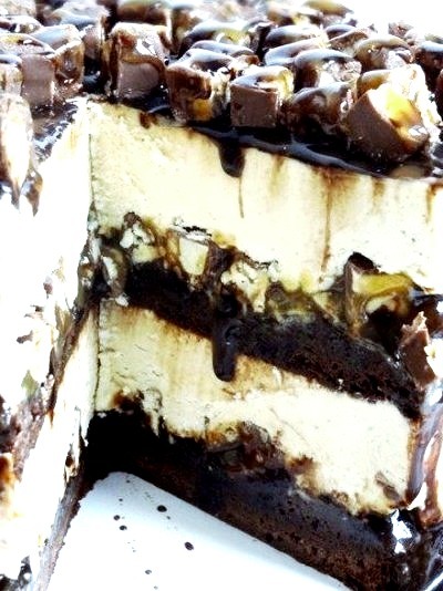 Snickers Peanut Butter Brownie Ice Cream Cake