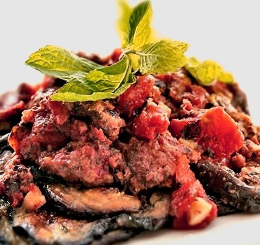 Italian-Paleo Eggplant with Crumbled Beef, Tomatoes and Mint