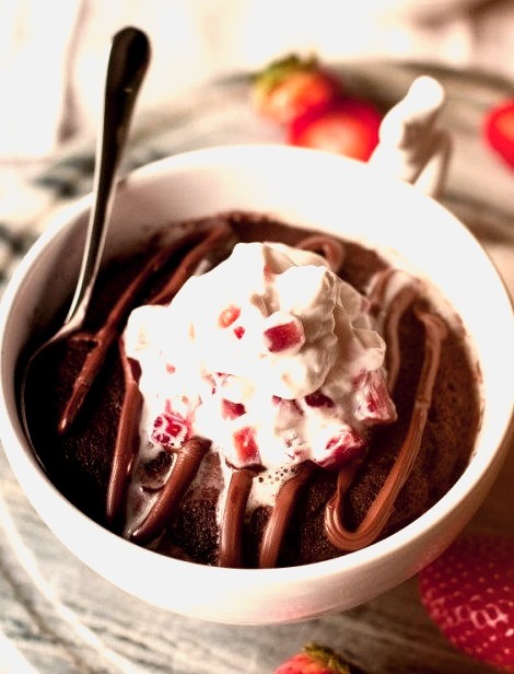Chocolate Nutella Mug Cake w/ Strawberries & Coconut CreamSource
